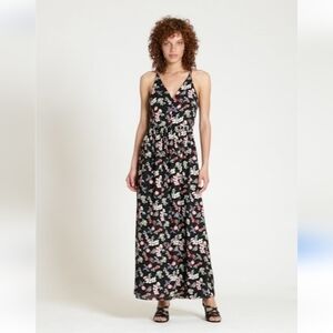 EUC GAP BLACK W/PINK FLORAL CRISS-CROSSED STRAPPY BACK MAXI  SUNDRESS SIZE 12